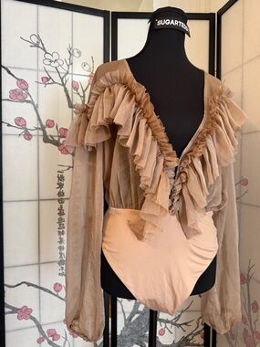 House of CB Taupe Ruffled Sheer V-Neck Bodysuit